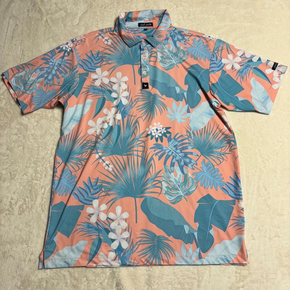 Bad Birdie Mens‎ Golf Polo Shirt Size XL Floral Paradise Printed Coral Vacation